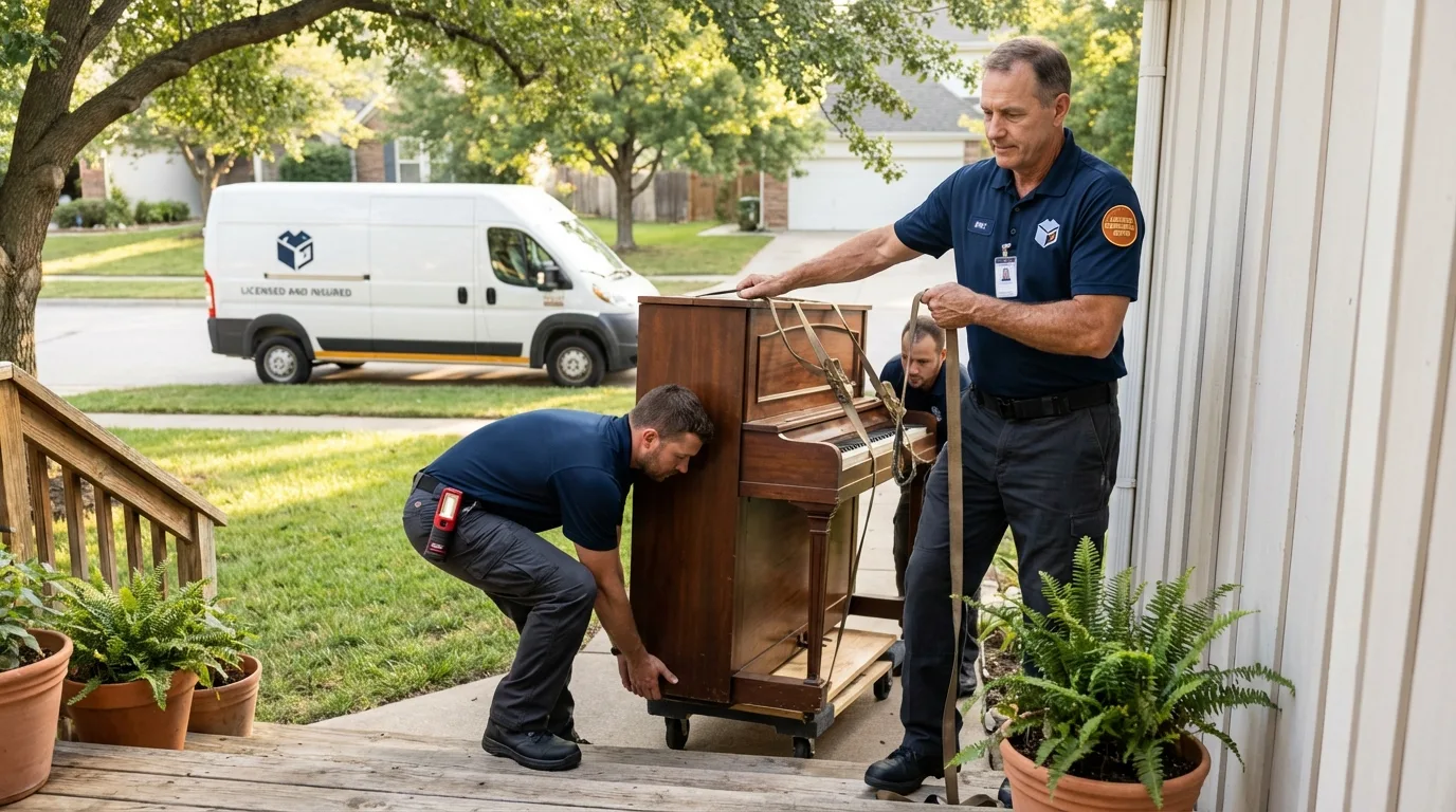 Licensed piano movers securing grand piano in Union, OR