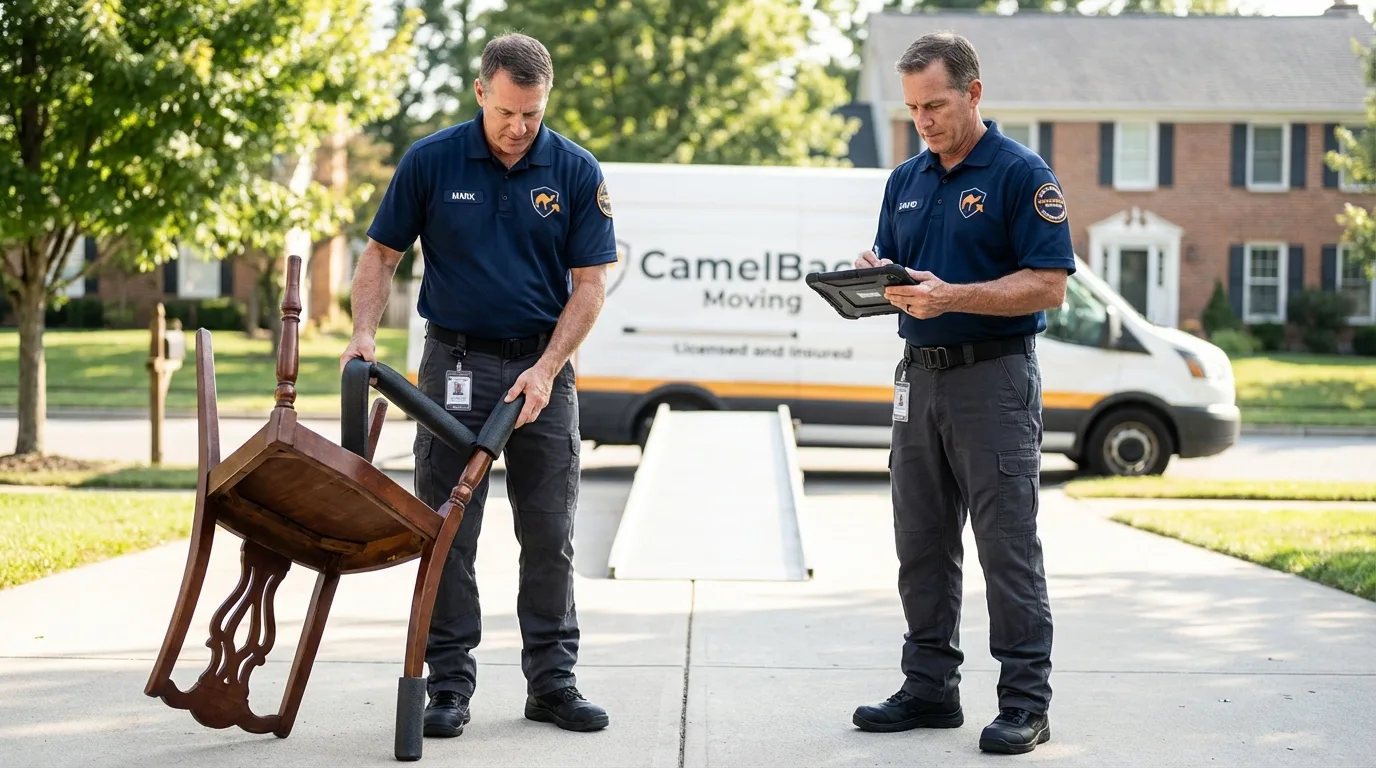 Movers inspecting furniture for damage prevention before loading in Union, OR
